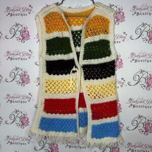 Vest cardigan knit handmade striped crochet ribbon 🎀 bow tie up warm cozy cute